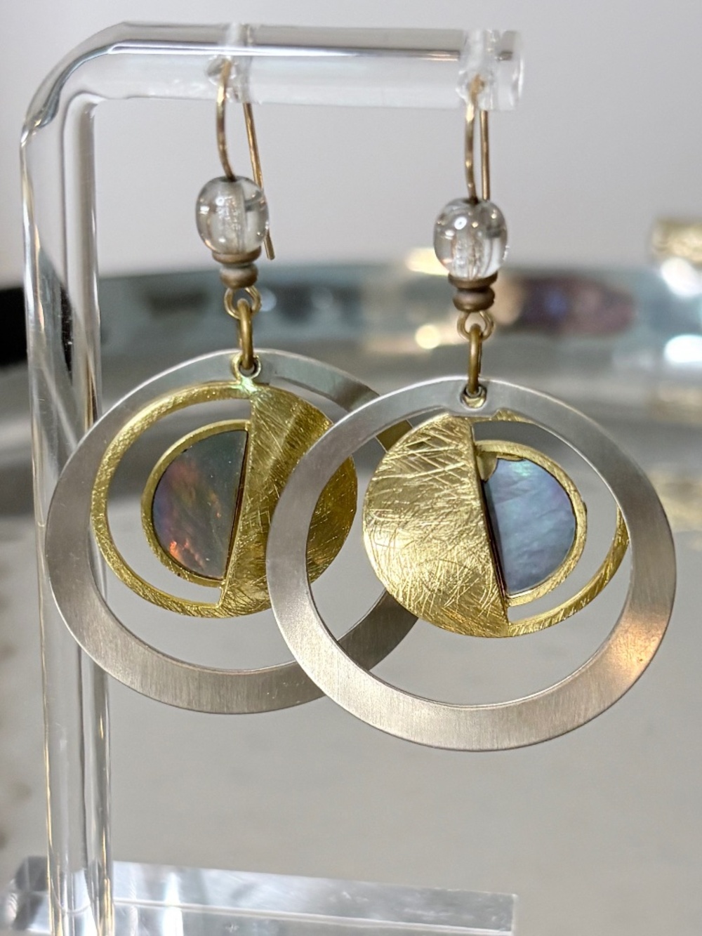 Gold and Silver Mixed-Metal Circle Drop Earrings with Iridescent Inlay